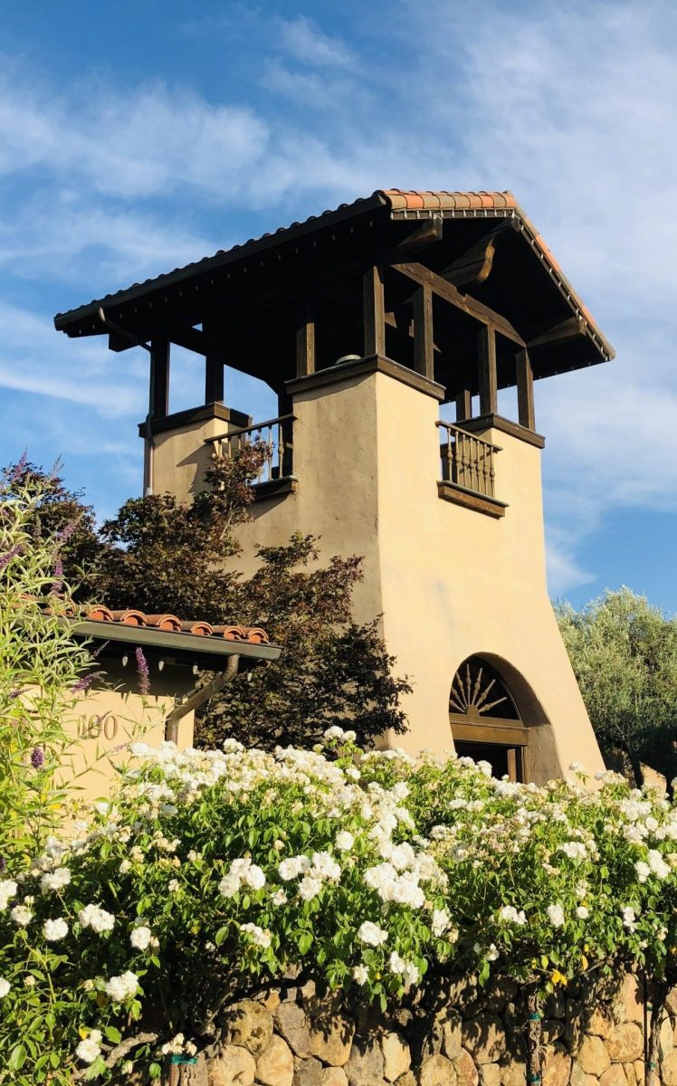 Beautiful flowers around the St Francis Winery Bell Tower.