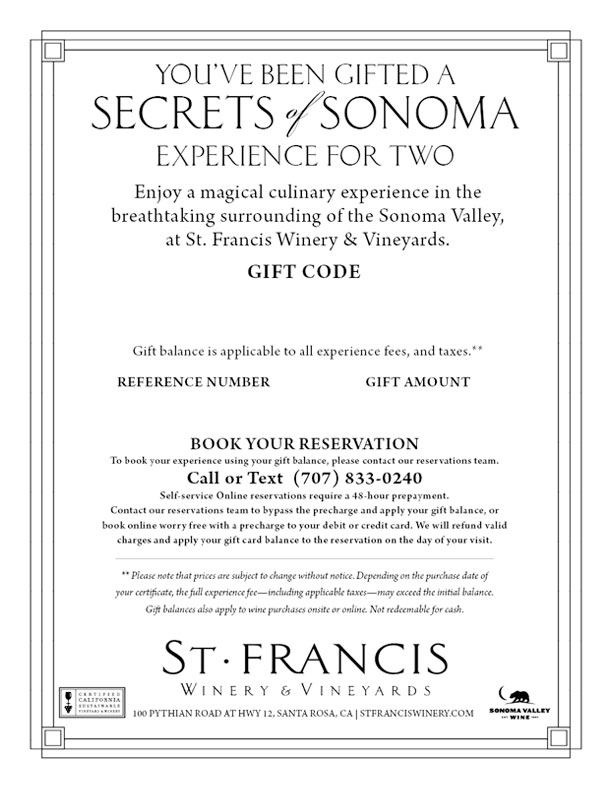 Gift Certificate for Secrets of Sonoma Experience for Two at St. Francis Winery