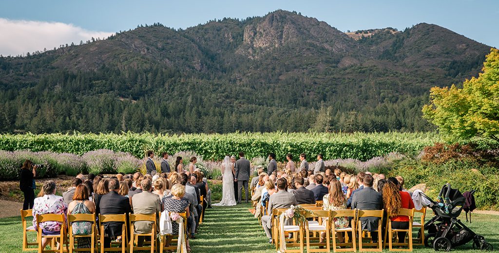 lawn wedding with mountain backdrop